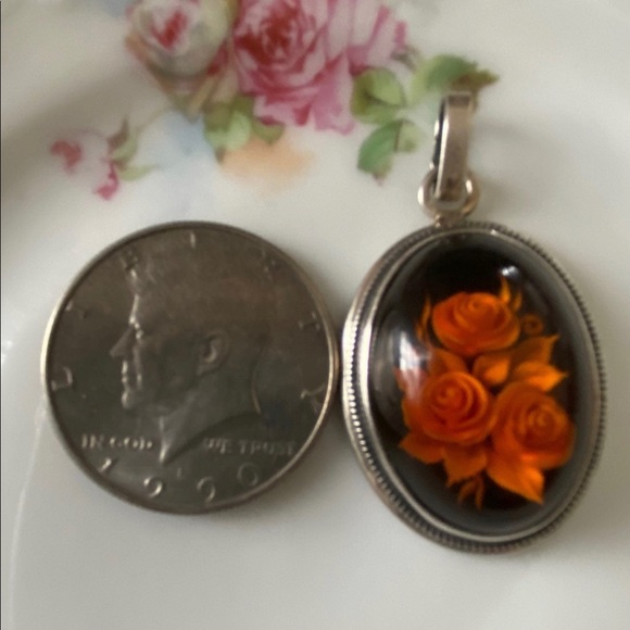 Vintage Sterling Pendant with Carved Flowers - Picture 1 of 7